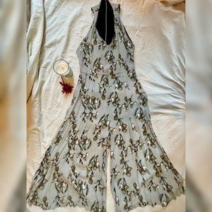 Zara Grayish Blue & Floral Sleveless V-Neck Jumpsuit